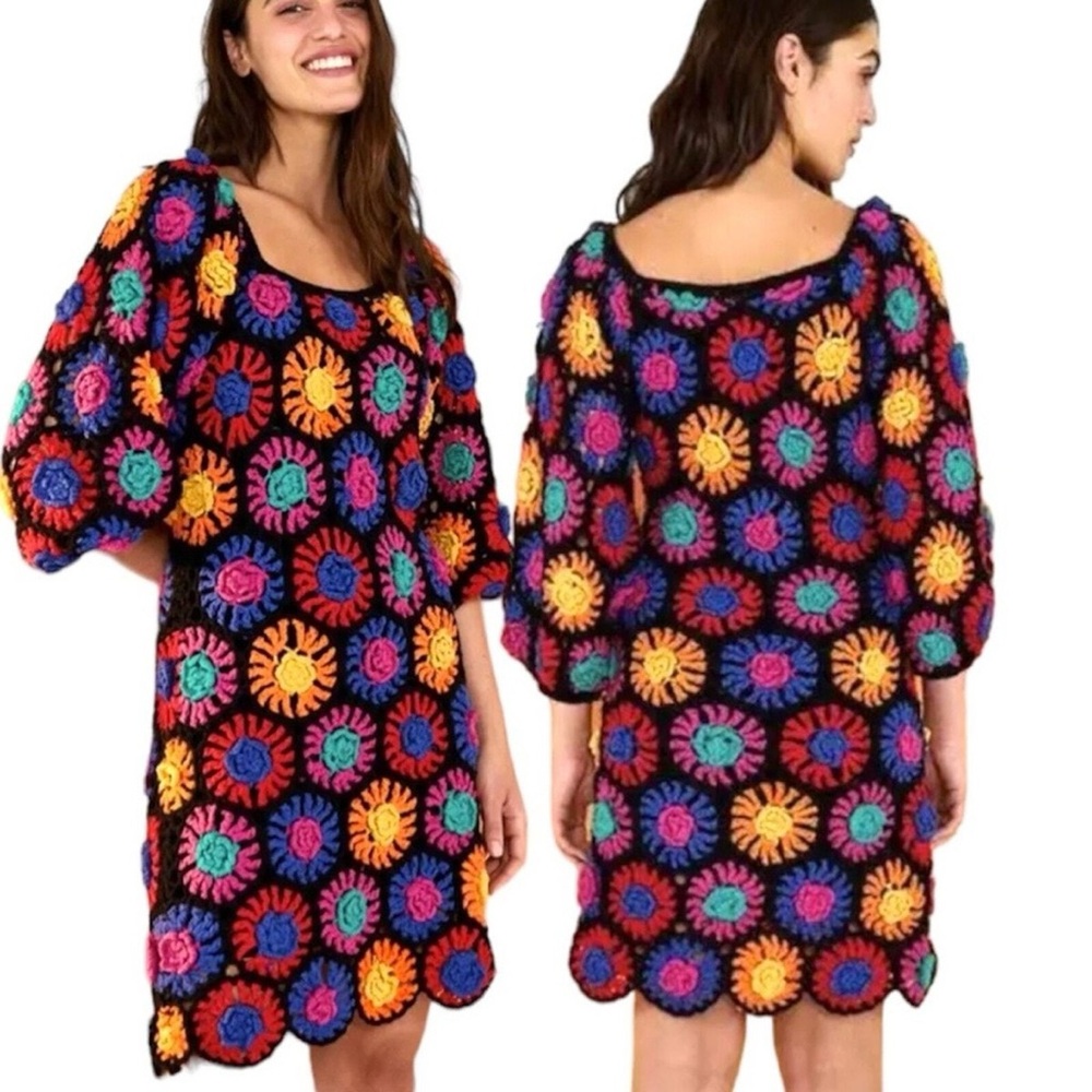 FARM Rio Black Crochet Flowers Mini Dress